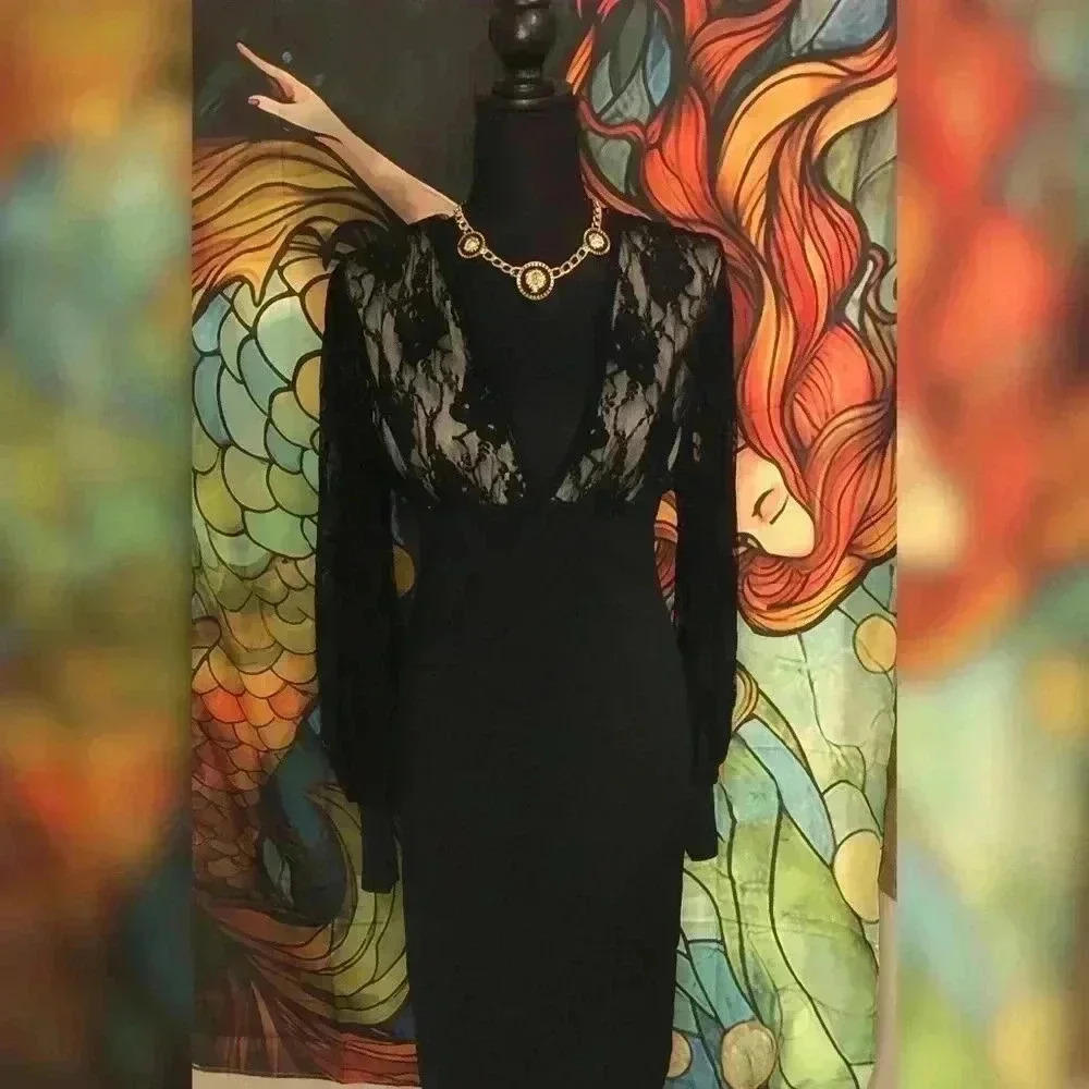 🔥🖤NWOT VENUS Sexy black long sleeve dress with lace top size XS and S🖤🔥